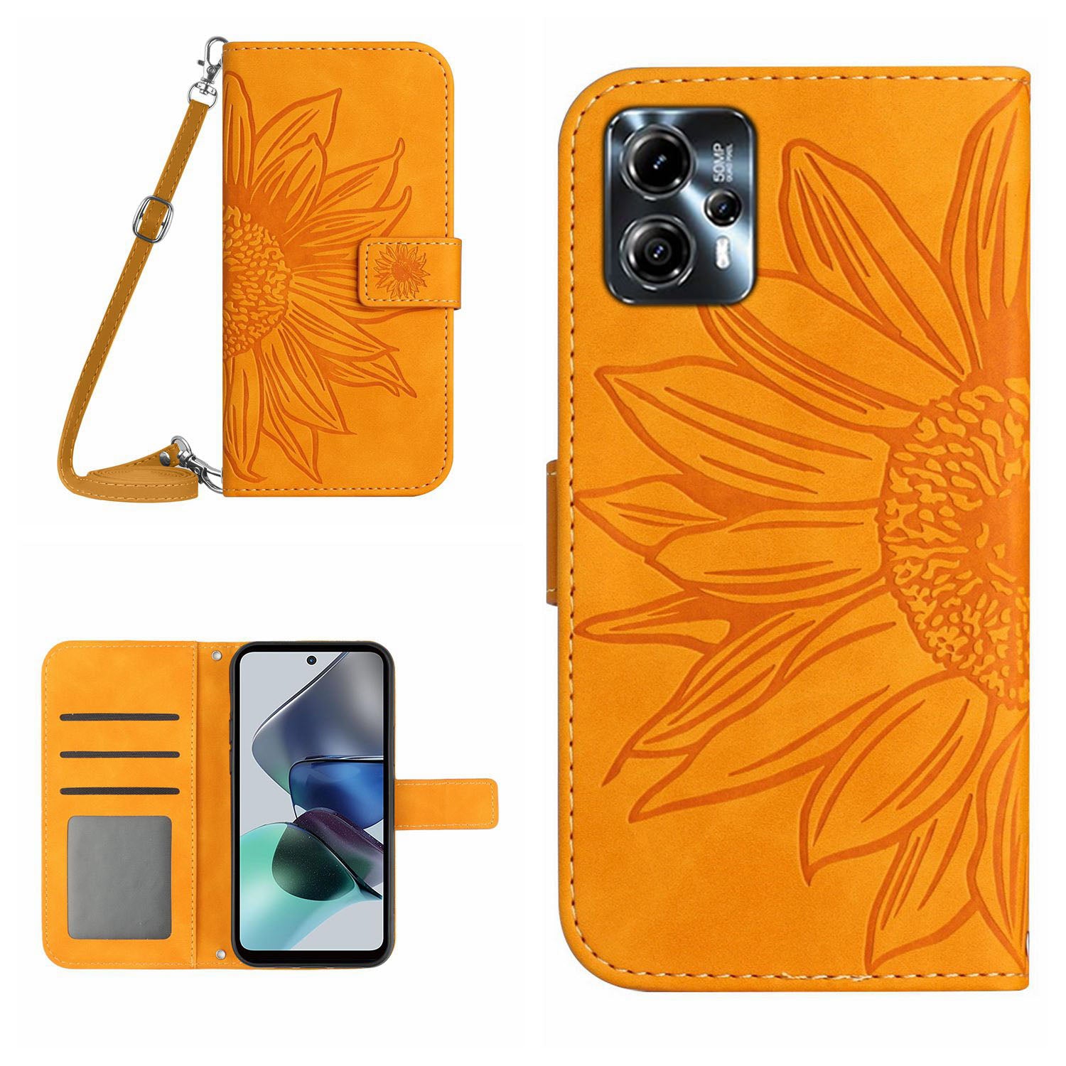 HT04 Flip Cover for Motorola Moto G23 4G G13 4G Shockproof Sunflower Imprinted Stand Wallet PU Leather Case with Shoulder Strap HT04 Flip Cover for Motorola Moto G23 4G G13 4G Shockproof Sunflower Imprinted Stand Wallet PU Leather Case with Shoulder Strap